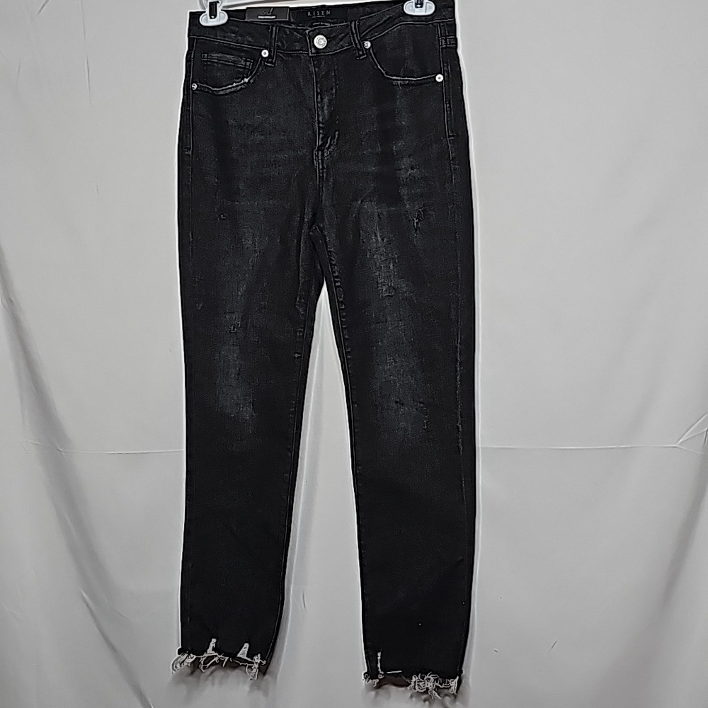 NWT Risen mid rise raw hem skinny acid washed black jeans sz 30
